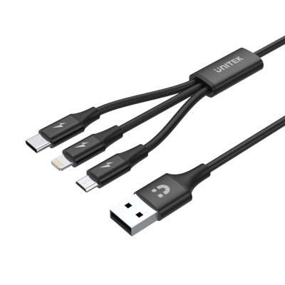 UNITEK USB-A 3in1 HIZLI ŞARJ KABLOSU 1.2MT 2.4A MICRO USB, TYPE-C, LIGHTNING (C14049BK)
